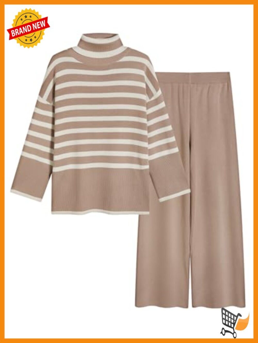 Striped Knit Sweater Set 2 Piece Lounge Wide Leg Pants Turtleneck